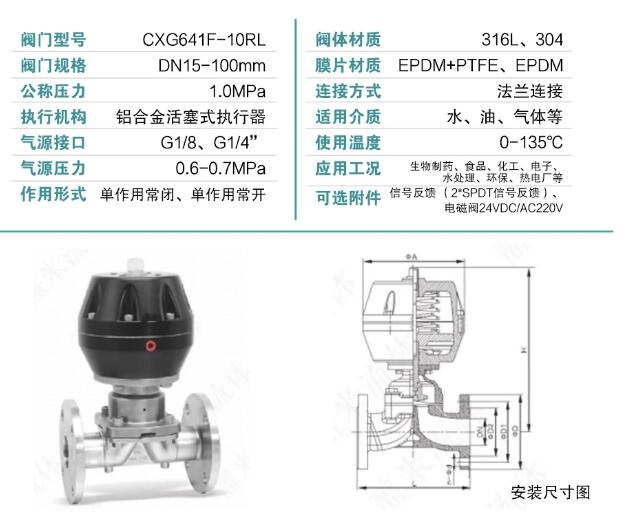 G641F-16P气动不锈钢法兰隔膜阀